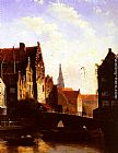 Jan Jacob Coenraad Spohler Figures on a Bridge in a Dutch Town painting